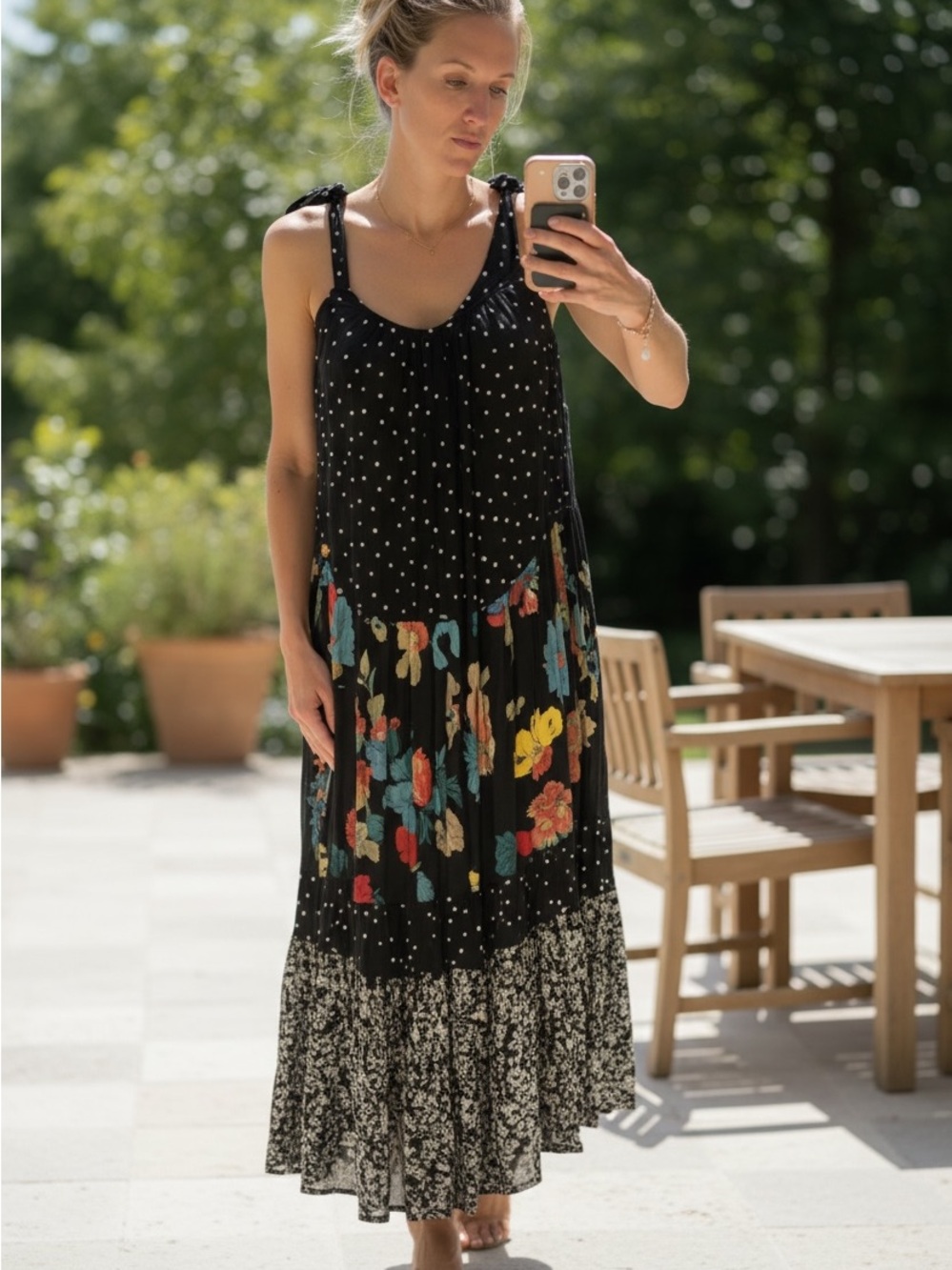 Free People Black Maxi Dress with Floral & Polka Dot Panels
